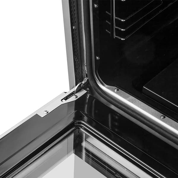 Detailed close-up of the door hinge on the FORNO 30-inch gas range, showcasing its robust build and smooth articulation for secure and stable oven door operation.