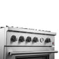 Close-up of the control knobs on the FORNO 30-inch gas range, featuring a durable metal finish, clearly marked settings, and an ergonomic design for precise temperature control.