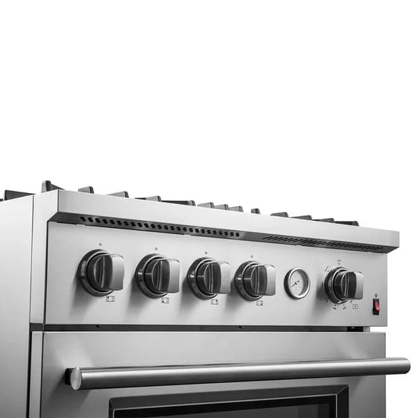 Close-up of the control knobs on the FORNO 30-inch gas range, featuring a durable metal finish, clearly marked settings, and an ergonomic design for precise temperature control.