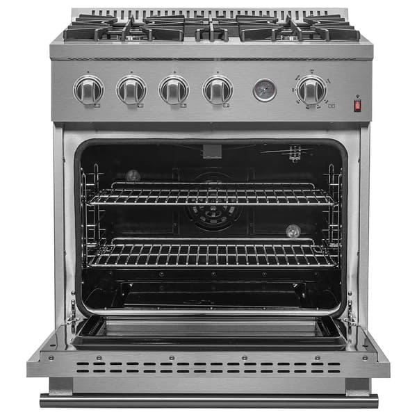 Front view of the FORNO 30-inch gas range with the oven door open, showcasing the spacious interior, multiple oven racks, and stainless steel finish.