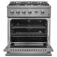 Front view of the FORNO 30-inch gas range with the oven door open, showcasing the spacious interior, multiple oven racks, and stainless steel finish.