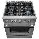 Top view of the FORNO 30-inch gas range, showcasing five sealed burners with heavy-duty cast iron grates and a sleek stainless steel surface.