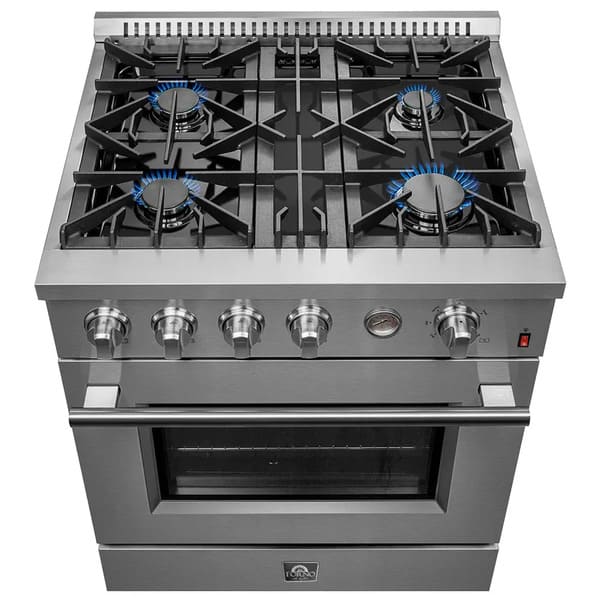 Top view of the FORNO 30-inch gas range, showcasing five sealed burners with heavy-duty cast iron grates and a sleek stainless steel surface.