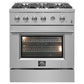 FORNO 30-inch gas range in stainless steel, featuring five sealed burners, a spacious oven with viewing window, and professional-style control knobs for precise cooking.
