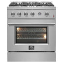 FORNO 30-inch gas range in stainless steel, featuring five sealed burners, a spacious oven with viewing window, and professional-style control knobs for precise cooking.