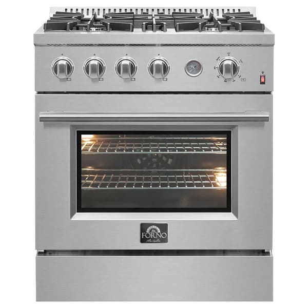 FORNO 30-inch gas range in stainless steel, featuring five sealed burners, a spacious oven with viewing window, and professional-style control knobs for precise cooking.