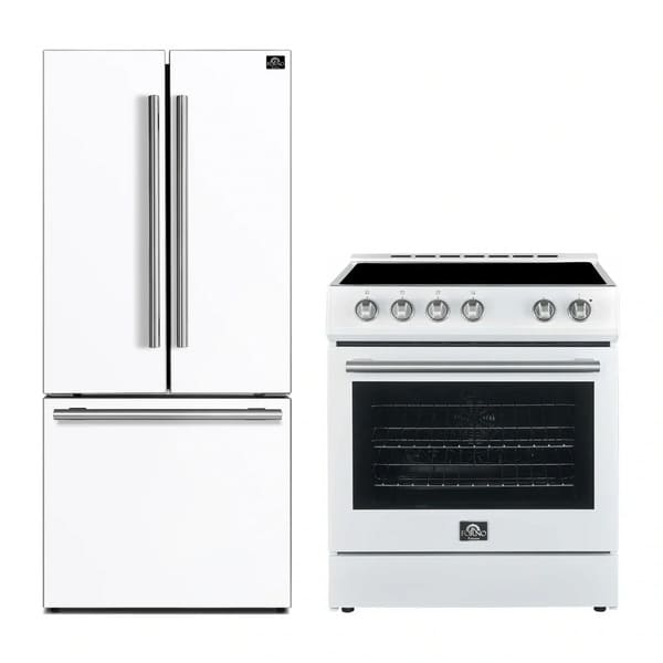 Forno 2-piece appliance package featuring a 30-inch electric range and a 30-inch refrigerator in a clean white finish, with matching modern handles and minimalist design for a cohesive kitchen look.