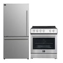 FORNO 2-piece appliance package featuring a 30-inch electric range and a 31-inch left-hinge refrigerator in stainless steel, shown side by side with a modern, cohesive finish.