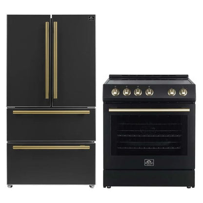 Forno 2-piece appliance package featuring a 30-inch electric range and a 36-inch French door refrigerator in matching black finish with antique brass handles, displayed side by side in a modern kitchen setting.