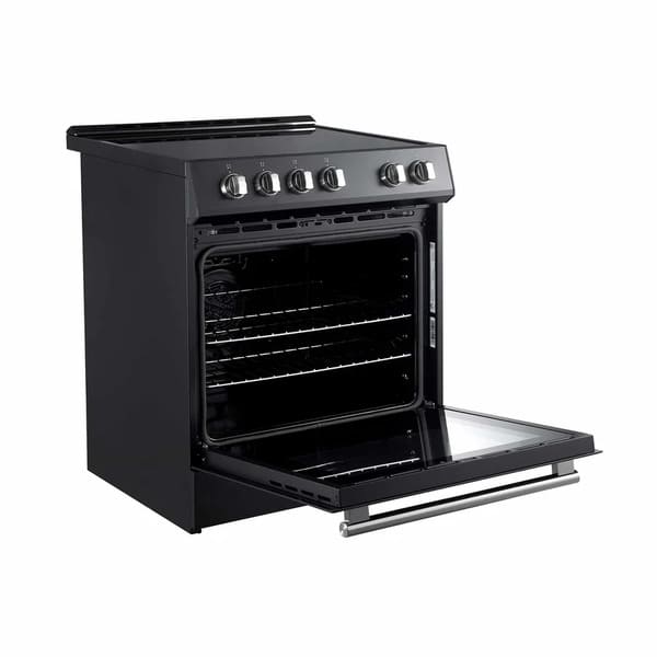 Front left angled view of the FORNO 30-inch electric range with the oven door open, showcasing the spacious interior, multiple rack levels, and stylish exterior design with control knobs and a sturdy handle.