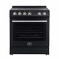 Front view of the FORNO 30-inch electric range in black from the 2-Piece Appliance Package, featuring a sleek matte black finish, smooth glass cooktop with radiant heating elements, large oven window, and stainless steel control knobs for a modern, professional look.
