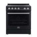 Front view of the FORNO 30-inch electric range in black from the 2-Piece Appliance Package, featuring a sleek matte black finish, smooth glass cooktop with radiant heating elements, large oven window, and stainless steel control knobs for a modern, professional look.