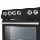 Close-up view of the control knobs on the FORNO 30-inch electric range in black from the 2-Piece Appliance Package, featuring stainless steel finishes with precise markings and smooth-turn operation for easy cooktop and oven temperature adjustment.