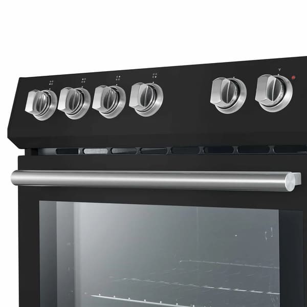 Close-up view of the control knobs on the FORNO 30-inch electric range in black from the 2-Piece Appliance Package, featuring stainless steel finishes with precise markings and smooth-turn operation for easy cooktop and oven temperature adjustment.