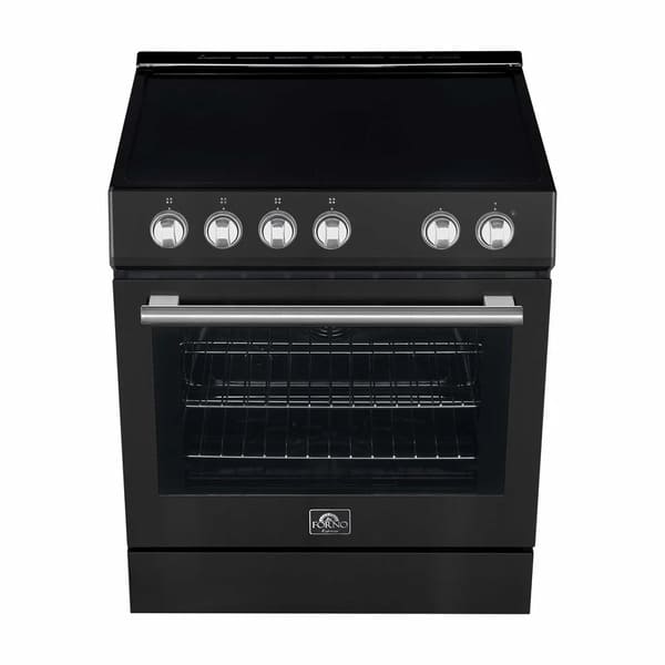 Top-down view of the FORNO 30-inch electric range in black from the 2-Piece Appliance Package, featuring a smooth black ceramic glass cooktop with four radiant heating elements and clearly marked zones—designed for easy cleaning and precise heat control.