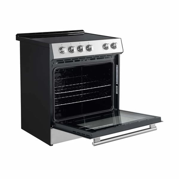 Left-angled front view of the Forno 30-inch electric range in stainless steel with the oven door open, showcasing the spacious oven cavity, interior racks, and sleek exterior design with a modern finish.