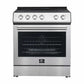 Front view of the Forno 30-inch electric range in stainless steel, showcasing a smooth ceramic cooktop, large oven window, and sleek control knobs for a clean, modern kitchen aesthetic.