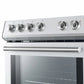 Close-up view of the control knobs on the Forno 30-inch electric range in stainless steel, showcasing durable, metallic-finished knobs with clearly marked settings for precise temperature and cooktop control.