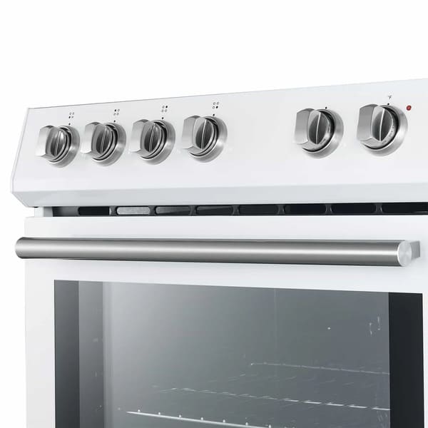 Close-up view of the control panel on the Forno 30-inch electric range in white, showcasing easy-to-use knobs with clear temperature markings and a sleek, minimalist layout for precise cooking control.