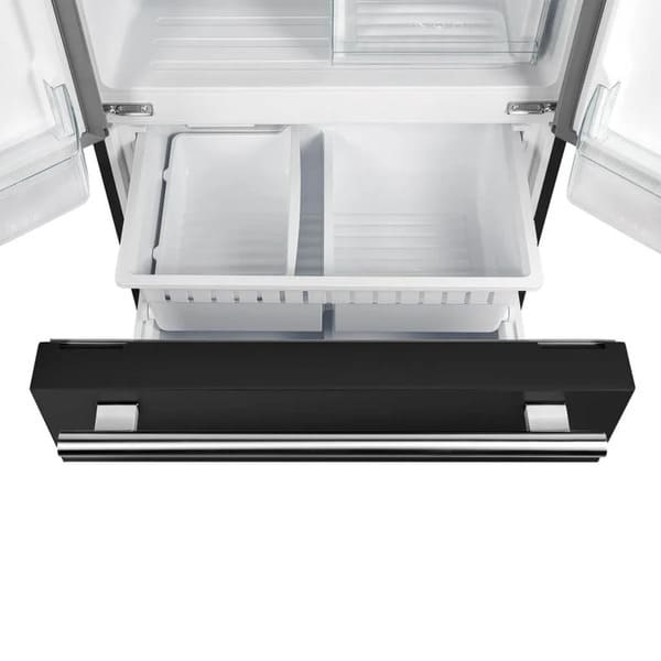 Front view of the FORNO 30-inch French door refrigerator in black from the 2-Piece Appliance Package with the bottom freezer drawer open, revealing a spacious, multi-compartment interior designed for efficient organization and easy access to frozen items.