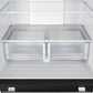 Close-up view of the crisper drawer inside the FORNO 30-inch French door refrigerator in black from the 2-Piece Appliance Package, featuring a transparent design with smooth gliding rails—ideal for keeping fruits and vegetables fresh and easily accessible.