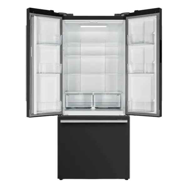 Front view of the FORNO 30-inch French door refrigerator in black from the 2-Piece Appliance Package with both doors open, revealing adjustable glass shelves, clear storage drawers, and spacious door bins—combining bold exterior style with a bright, organized interior.