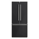 Front view of the FORNO 30-inch French door refrigerator in black from the 2-Piece Appliance Package, featuring a sleek matte finish, double-door top section, and bottom freezer drawer—offering a bold, modern look with spacious and efficient food storage.