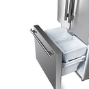 Right-angled view of the Forno 30-inch French door refrigerator in stainless steel with the bottom freezer drawer open, showcasing spacious freezer compartments designed for organized and accessible frozen food storage.