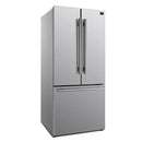Front left angled view of the Forno 30-inch French door refrigerator in stainless steel, showcasing its sleek finish, dual French doors, and bottom freezer drawer in a compact, contemporary design.