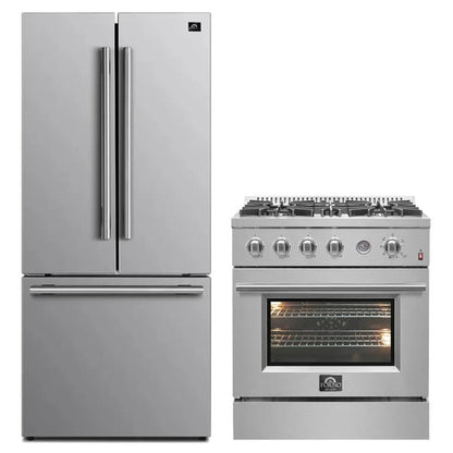 FORNO 2-piece appliance package featuring a 30-inch gas range and a 30-inch French door refrigerator in stainless steel, offering a modern and cohesive kitchen appliance set with professional styling.