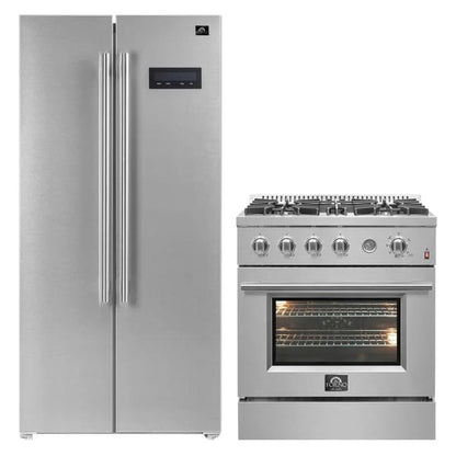 FORNO 2-piece appliance package featuring a 30-inch gas range and a 33-inch side-by-side refrigerator in stainless steel, offering a sleek and cohesive kitchen appliance set.