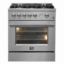 Front view of the FORNO 30-inch gas range from the 2-Piece Appliance Package, showcasing a sleek stainless steel exterior, four high-performance sealed burners, a large oven window, and professional-style control knobs—designed for compact, high-efficiency cooking.