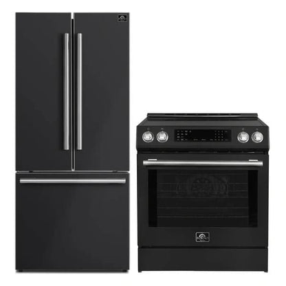 FORNO 2-piece appliance package featuring a 30-Inch Induction Range and a 30-Inch French Door Refrigerator in Black, displayed together with matching black finishes for a sleek and cohesive modern kitchen design.