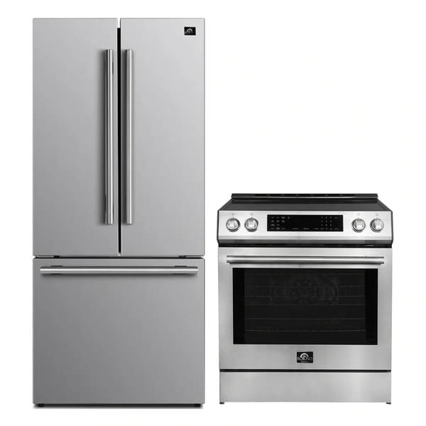 FORNO 2-piece appliance package featuring a 30-inch induction range and a 30-inch French door refrigerator in stainless steel, shown side by side in a kitchen setting.