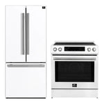FORNO 2-piece appliance package featuring a 30-Inch Induction Range and a 30-Inch French Door Refrigerator in White, displayed together in a coordinated kitchen setting with matching finishes and modern design.