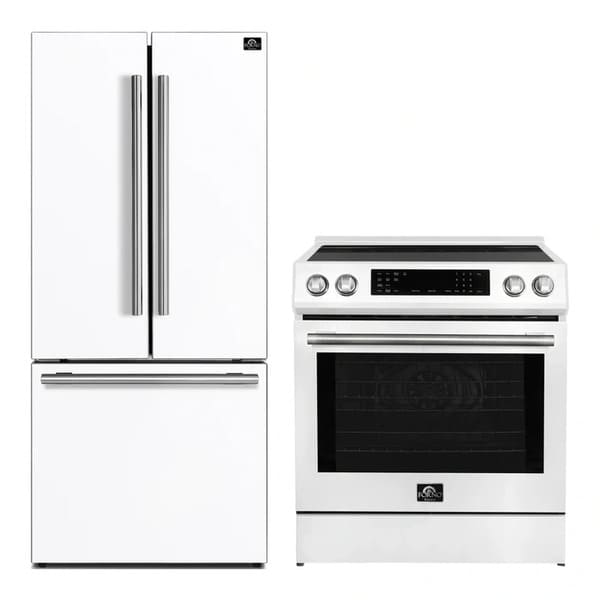FORNO 2-piece appliance package featuring a 30-Inch Induction Range and a 30-Inch French Door Refrigerator in White, displayed together in a coordinated kitchen setting with matching finishes and modern design.