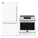 FORNO 2-Piece Appliance Package featuring a 30-inch induction range and a 31-inch left-hinge refrigerator, both in sleek white finish, displayed side by side in a modern kitchen setting.