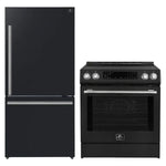 FORNO 2-piece appliance package featuring a 30-Inch Induction Range and a 31-Inch Right-Hinge Refrigerator in Black, shown together with matching finishes for a cohesive, modern kitchen design.