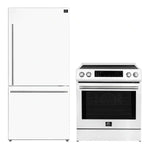 FORNO 2-piece appliance package featuring a 30-inch induction range and a 31-inch right-hinge refrigerator in a sleek white finish, offering a modern and cohesive kitchen setup.