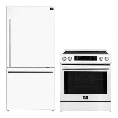 FORNO 2-piece appliance package featuring a 30-inch induction range and a 31-inch right-hinge refrigerator in a sleek white finish, offering a modern and cohesive kitchen setup.