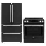 FORNO 2-piece appliance package featuring a 30-Inch Induction Range and a 36-Inch French Door Refrigerator in Black, presented together with matching finishes for a sleek, modern kitchen aesthetic.
