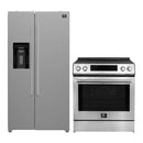 FORNO 2-piece appliance package featuring a 30-inch stainless steel induction range and a 36-inch side-by-side refrigerator with built-in water dispenser—modern and matching pro-style design.
