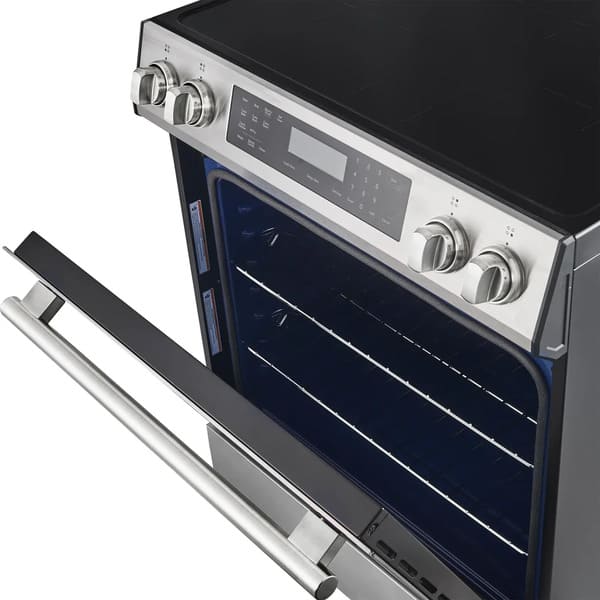 Close-up of the oven door on the FORNO 30-inch induction range in stainless steel, showcasing the large glass window and sturdy stainless steel handle.