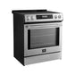 Front left-angled view of the FORNO 30-inch induction range in stainless steel, showcasing the sleek glass cooktop, control knobs, and modern oven design with a large viewing window.