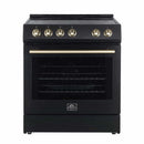 Front view of the Forno 30-inch Leonardo electric range in black with antique brass knobs and trim, showcasing a sleek design with a large oven window and smooth cooktop surface.
