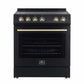 Front view of the Forno 30-inch Leonardo electric range in black with antique brass knobs and trim, showcasing a sleek design with a large oven window and smooth cooktop surface.