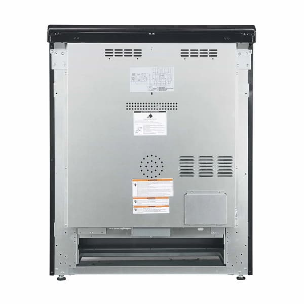 Rear view of the Forno 30-inch Leonardo electric range, showing the power cord, ventilation, and connection panel on a sturdy black metal backplate.