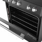 Close-up view of the Forno 30-inch Leonardo electric range oven door, featuring a large window and sleek black finish with antique brass trim.