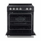 Front view of the Forno 30-inch Leonardo electric range with the oven door open, revealing the spacious interior with multiple wire racks and a black enamel finish.