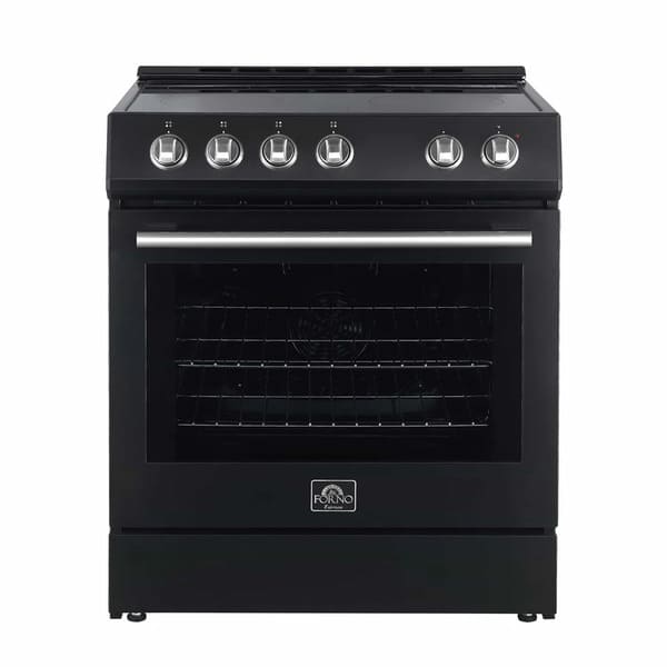 Front view of the Forno 30-inch Leonardo electric range featuring a modern black finish, large oven window, and sleek control knobs, designed for both performance and style.